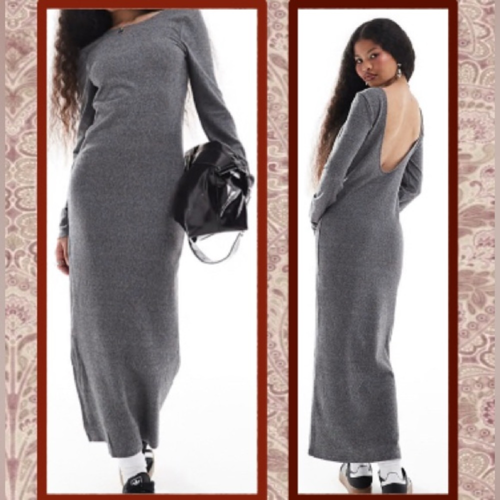 Noisy may Backless Gray Knit Maxi Dress/Scoop Back/Petite Large